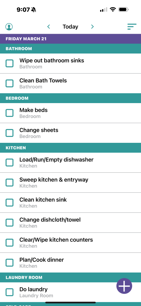 screen shot of Motivated Moms App list of chores which is an app to simplify your life