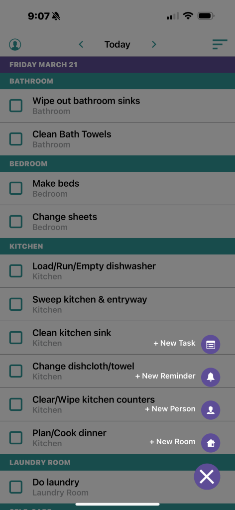screen shot of Motivated Moms app new task, reminder, person and room choices 
