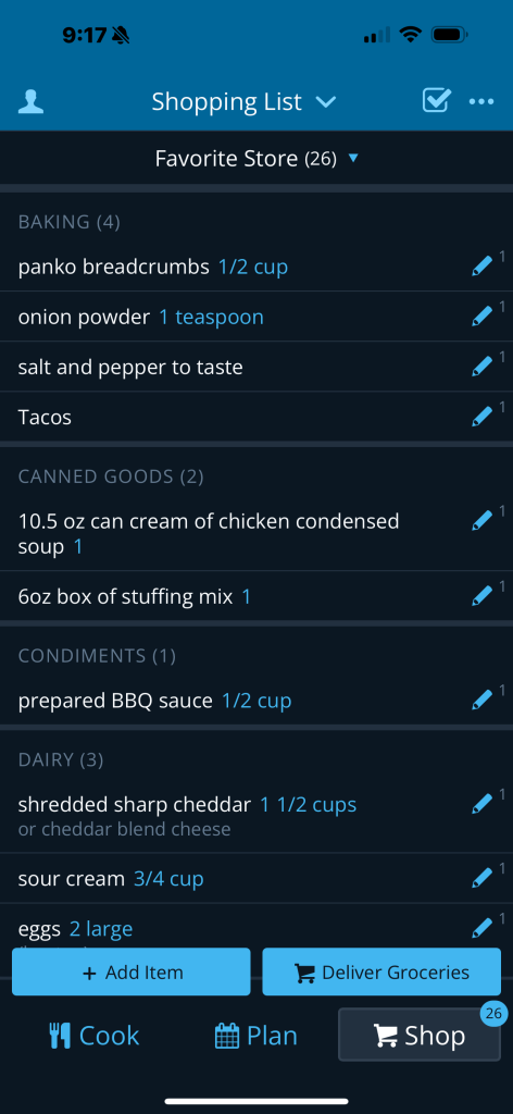 screen shot of Plan To Eat app shopping list 