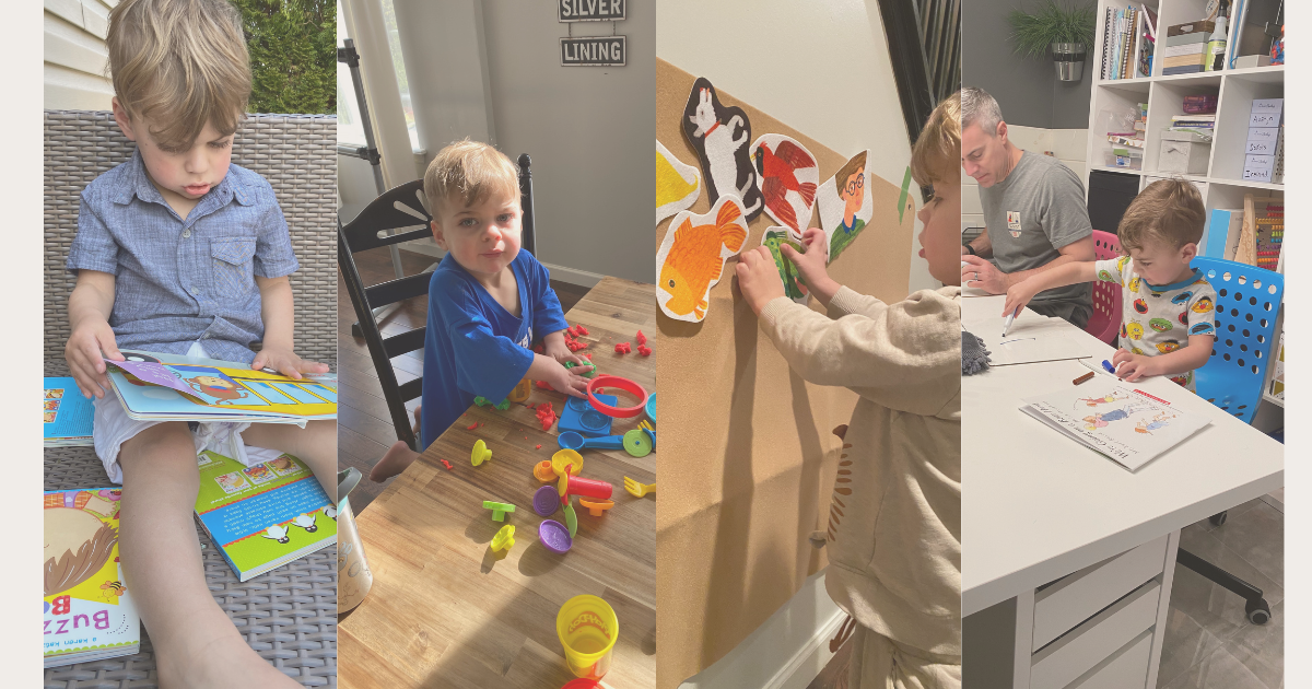 picture of son playing, reading and drawing